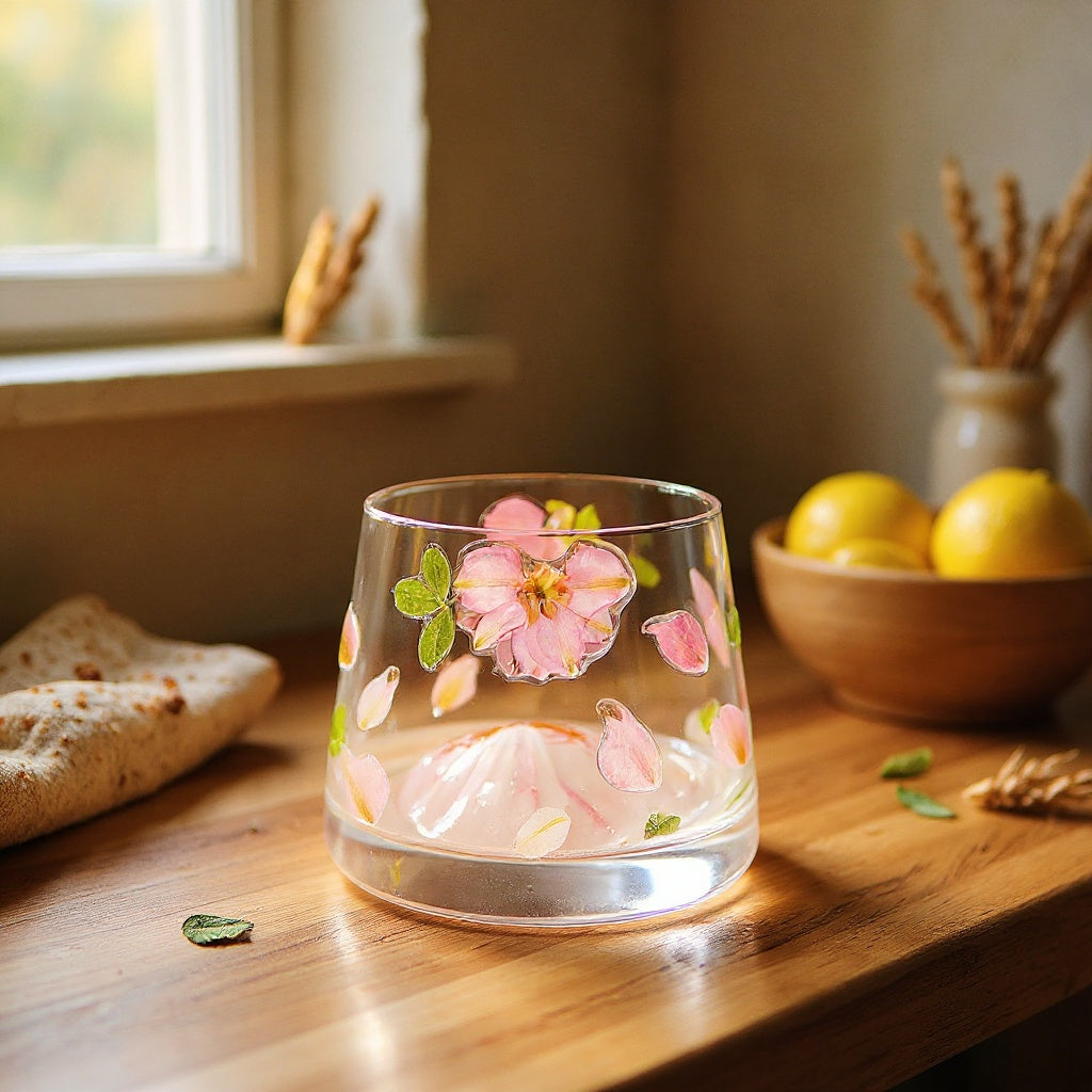 Cylindrical glass tumbler with preserved flowers on rustic kitchen countertop