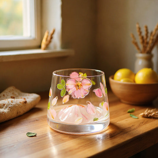 Cylindrical glass tumbler with preserved flowers on rustic kitchen countertop