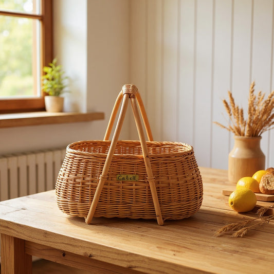 Handwoven rattan basket on rustic kitchen countertop with fresh bread and lemons