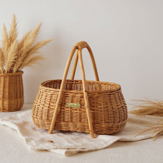 A rectangular handwoven rattan basket with warm honey tones and dual arched handles, placed on a neutral background with linen and dried grasses, wide composition with soft natural light.