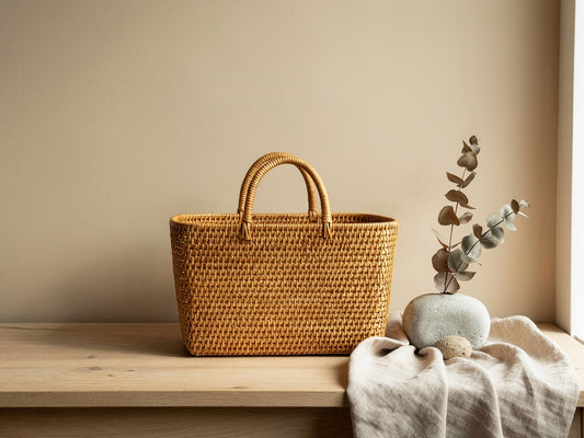 Rectangular handwoven rattan basket with dual handles, honey-tone weave, styled with natural accents on a neutral surface.