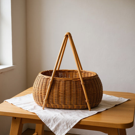 Handwoven rattan bread basket on wooden table with linen, editorial style