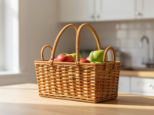 Rattan fruit basket on wooden countertop with apples in soft sunlight