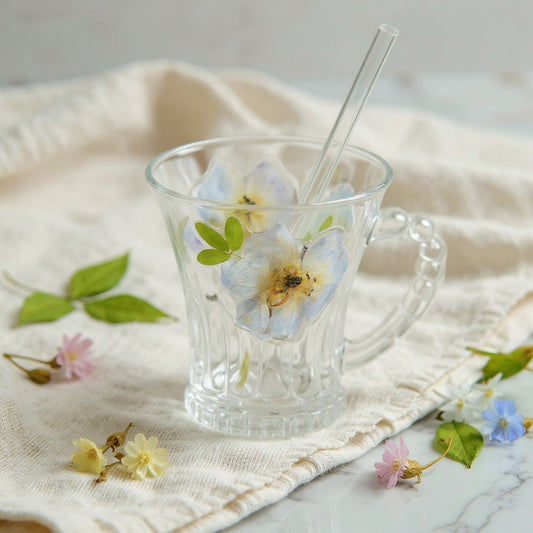 Beaded handle glass cup with dried flower petals on linen with loose flowers.