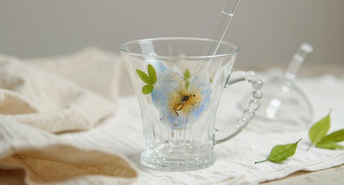 Handmade Real Flower Glass Cup 400ml Beaded Handle Preserved Floral Luxury Gift on linen with dried petals.