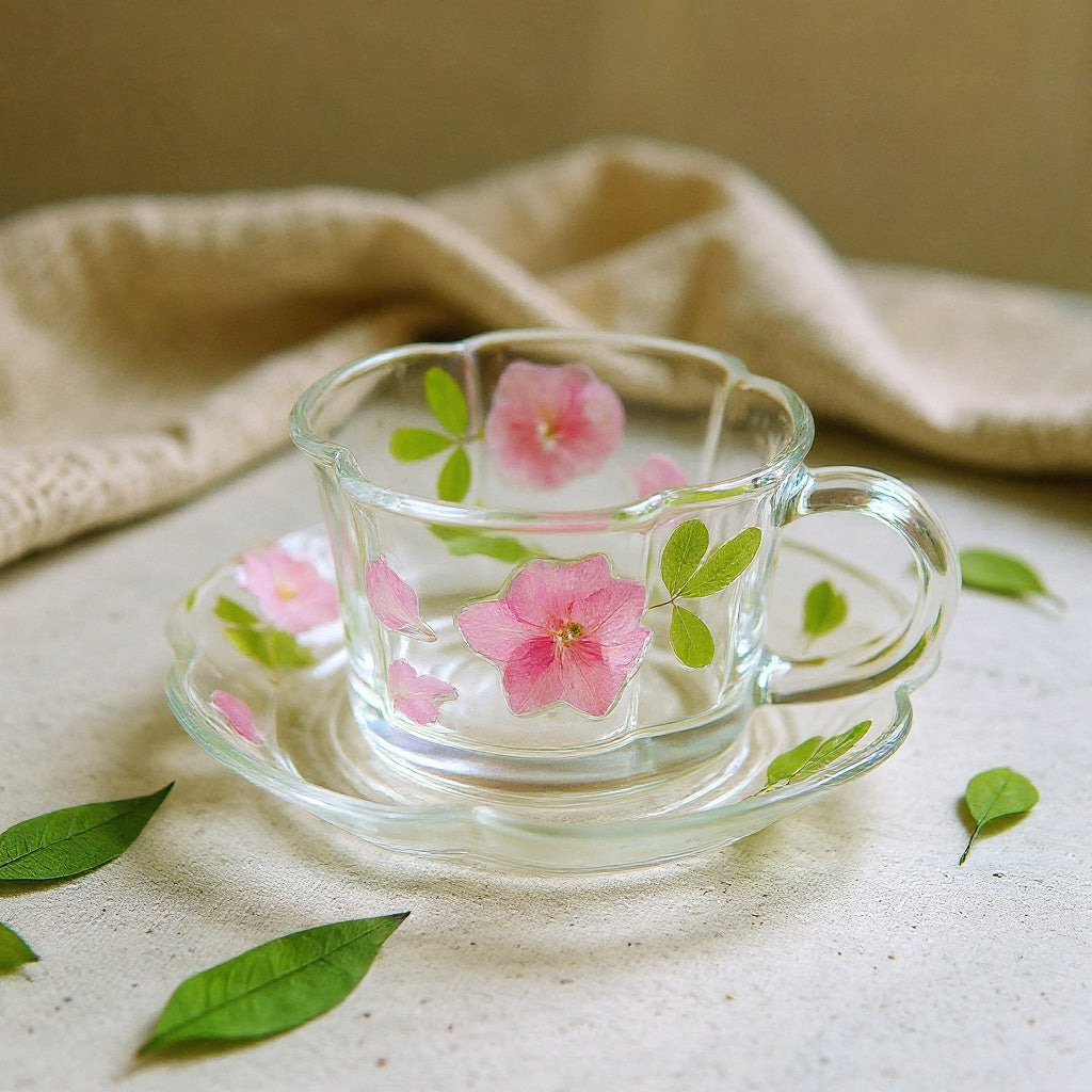 Clear high-borosilicate glass cup and saucer with handcrafted botanical relief, real pink petals, on neutral backdrop with soft shadows.