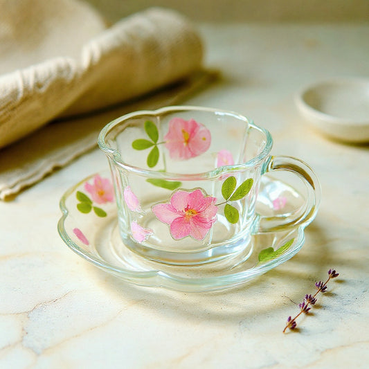 A clear borosilicate glass cup and saucer with embedded dried pink and blush flower petals and green leaves, styled on a cream marble surface with a linen runner and a sprig of dried lavender, softly lit from a window.