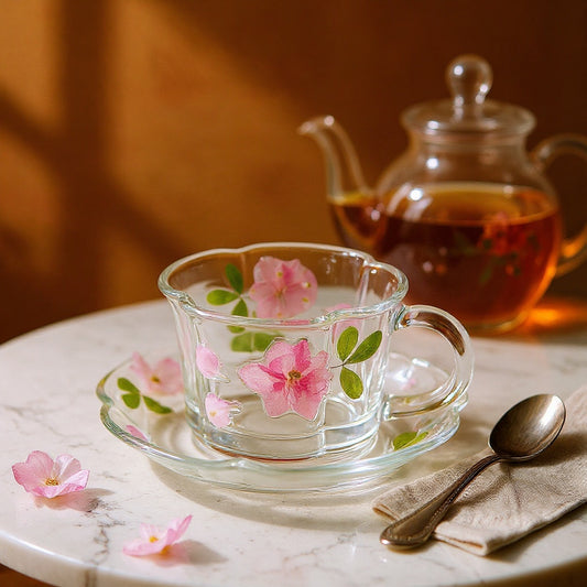 Botanical glass coffee cup with saucer on marble, rose petals, silver spoon, dramatic amber gradient background