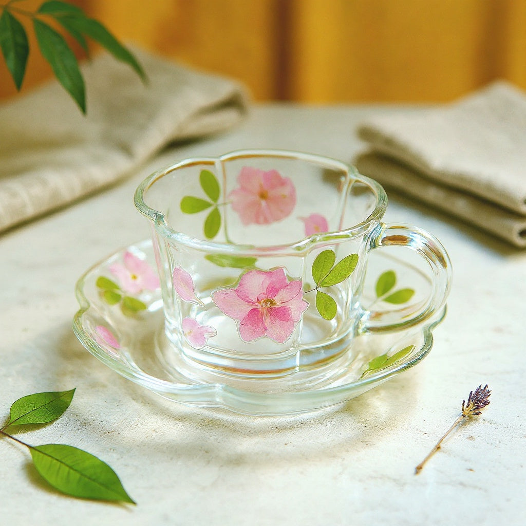 Elegant clear glass cup and saucer with embedded pink flower petals on a marble surface with soft daylight and a linen cloth.