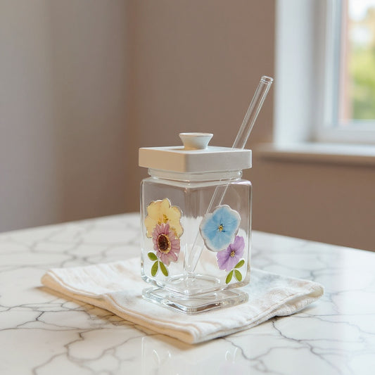 Short square clear glass with pressed flower design and matching lid and straw, styled on marble with linen.
