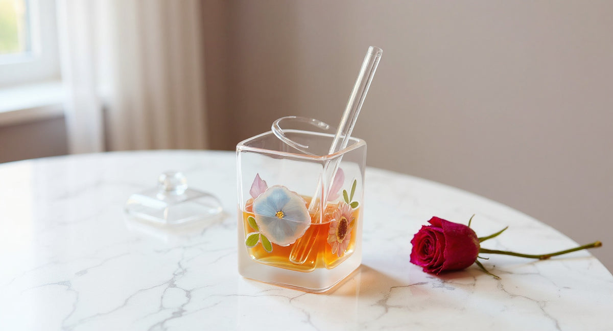 Handcrafted Whiskey Glass with Real Preserved Flowers on white marble with lid and straw