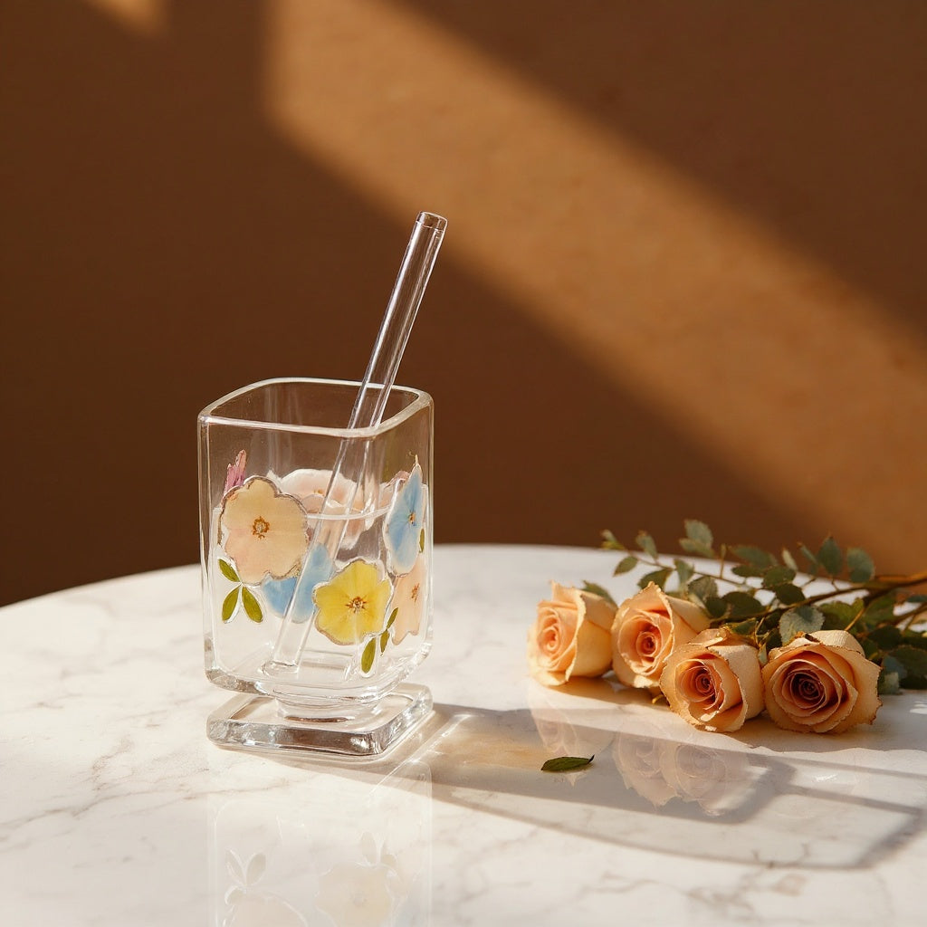 Hero image of a short square glass with real dried flowers embedded on the outside, placed on marble with a dried bouquet, lit by dramatic natural light against a warm amber to cream gradient background.