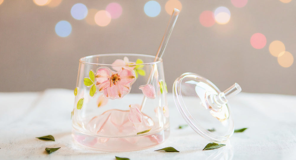 Premium Fuji Mountain Real Flower Whiskey Glass 400ml Handcrafted Preserved Floral Relief Heat-Resistant Gift with pampas grass