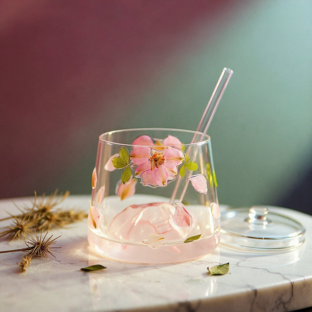 Clear glass tumbler with raised preserved flowers and glass straw on marble slab, surrounded by dried botanicals against a bold pink-to-sage gradient background.