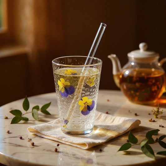 Clear glass cup with preserved flowers on marble, tea set, and warm amber backdrop