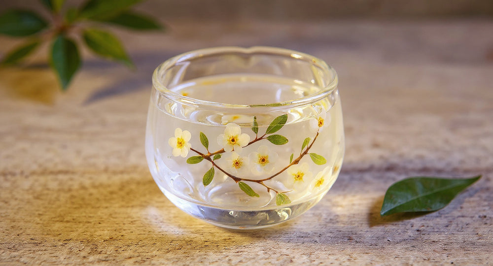 Handmade Glass Tea Cup Real Pearl Plum Flowers Eco Resin 60ml Gongfu Master Cup on wood tray