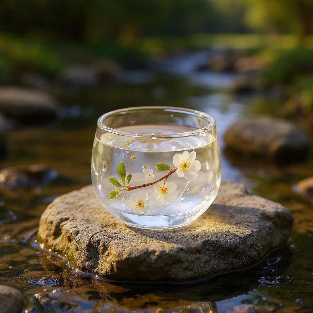 Small clear glass cup with embedded white plum blossoms on a stone surface, soft natural lighting.