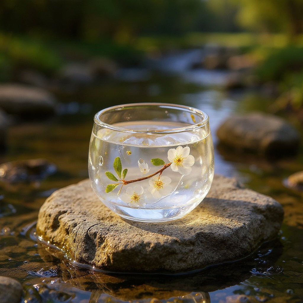 Small clear glass cup with embedded white plum blossoms on a stone surface, soft natural lighting.