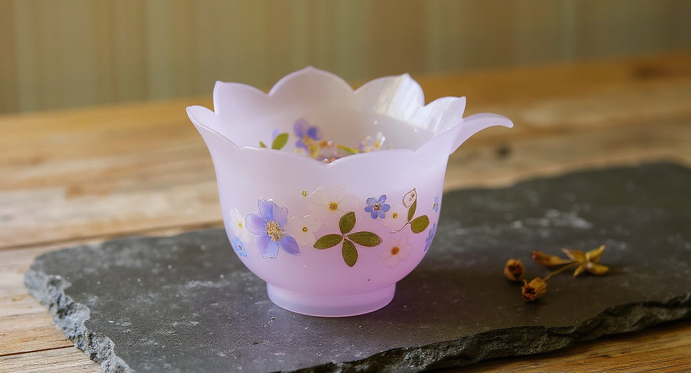 Handmade Eco Resin Tea Cup Real Flowers on raw wood with dried lavender