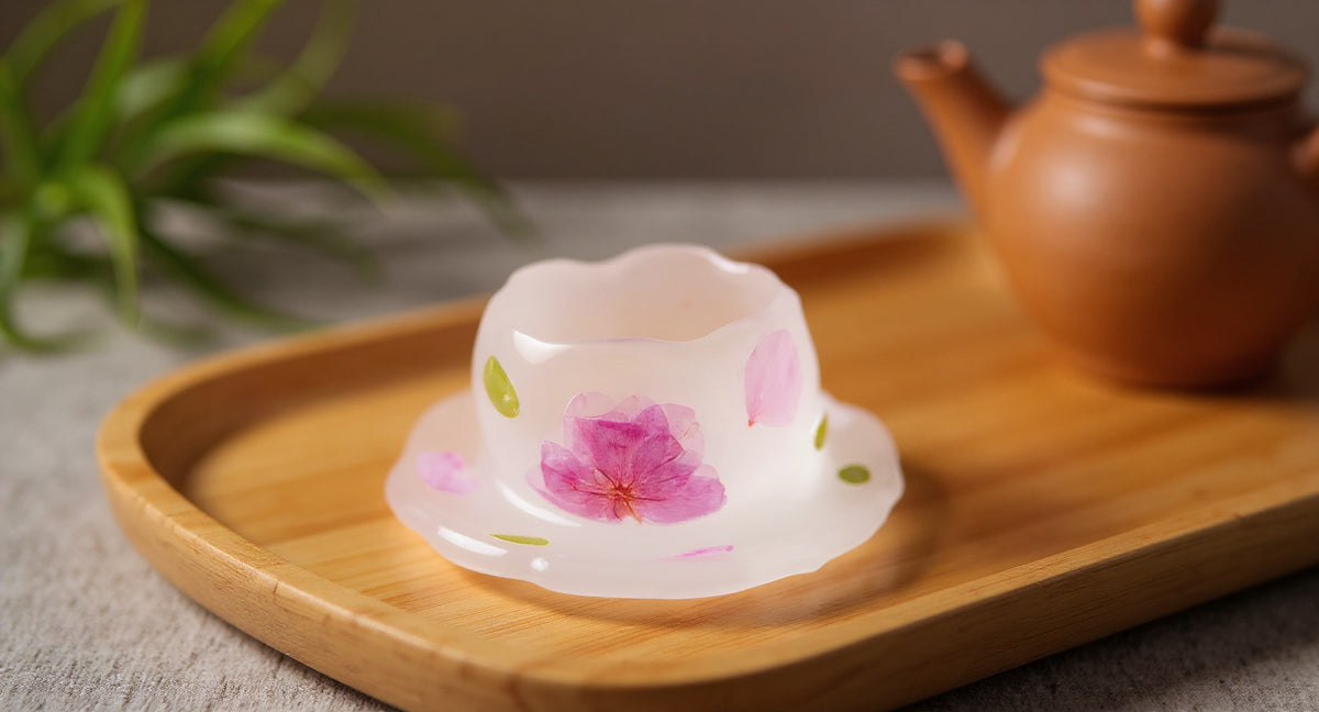 Handmade Peach Blossom Tea Cup Real Flower Resin 60ml Master Cup on wood tray with clay teapot