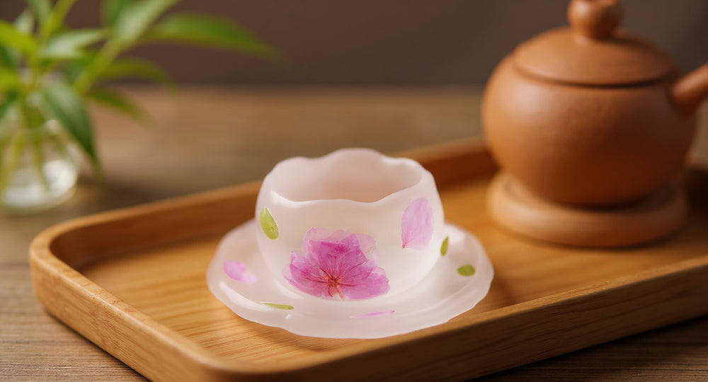 Handmade Peach Blossom Tea Cup with real flower resin on wooden tray beside celadon teapot
