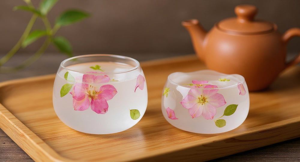 Handmade Cherry Blossom Glass Tea Cup on wooden tea tray with clay teapot and petals