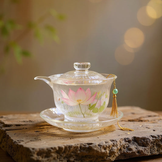 Lotus-shaped glass teacup with embedded pressed flowers and saucer on a wooden surface, with soft bokeh background and natural lighting.
