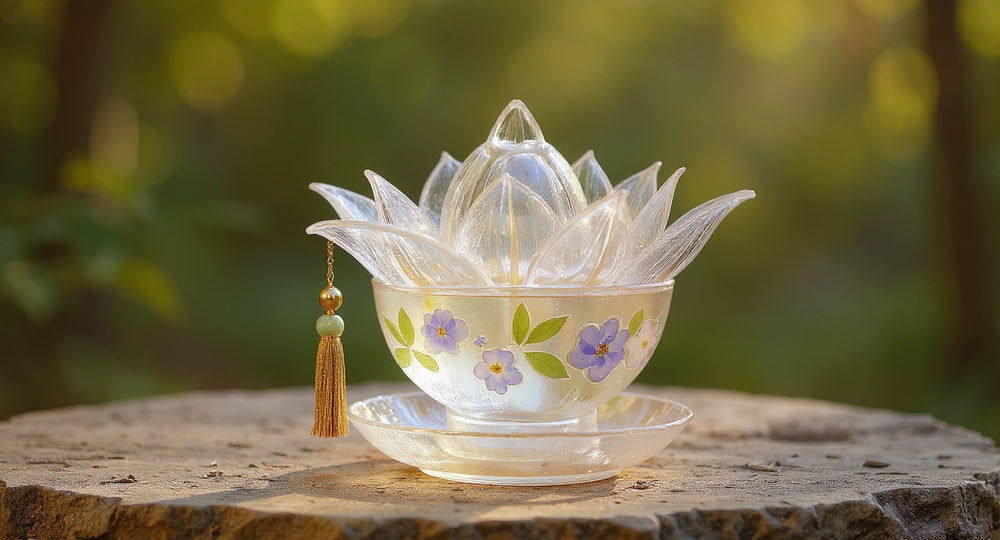 Handmade Lotus Glass Tea Set Real Pressed Flowers on raw wood tray with linen cloth.