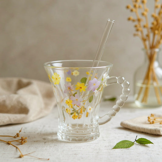 Hero image of heat resistant glass mug with botanical design on a neutral background with botanical elements.