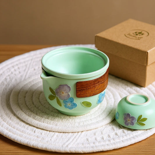 Frosted matte white porcelain gaiwan cup with dried flower petals, on linen background, eco-kraft box, soft natural light.