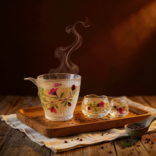 Hero image of an ice-ripple glass tea set with embedded rose petals, arranged on a wooden tray with dramatic lighting and a bold gradient background.