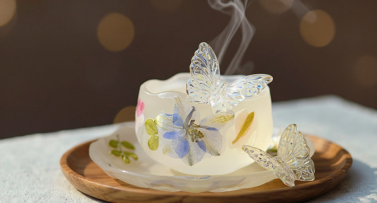 Handmade Pressed Flower Tea Cup Set with real petals and butterfly on wooden tray