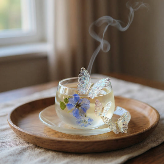 Close-up of a translucent glass teacup and saucer embedded with blue cornflower petals and iridescent butterflies under resin, steam rising, on a wooden tray with linen, warm natural light, soft bokeh.