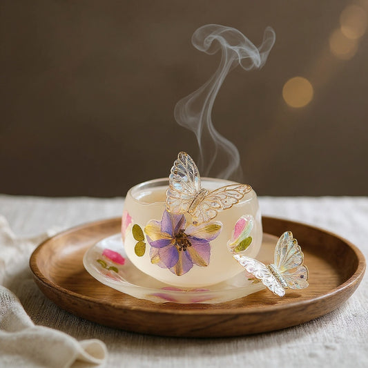 Small translucent glass tea cup and saucer with pink rose petals and iridescent butterfly embedded in resin, on a wooden tray with steam rising.