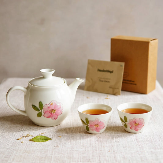 Matte white porcelain gaiwan and teacups with embedded preserved flower petals styled on linen, soft lighting, eco packaging background.