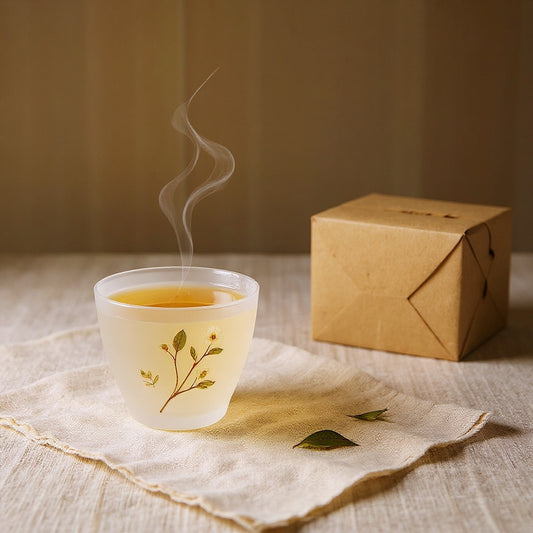 Artisan floral glass teacup with real plum blossoms on linen background, steam rising from tea, eco gift box beside it.