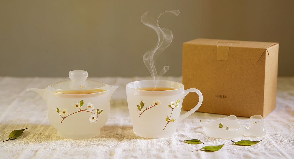 Handmade Frosted Pearl Plum Blossom Tea Set with real preserved flowers, steaming tea, and kraft gift box.