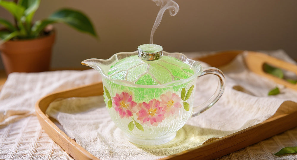 Handmade Green Crystal Lotus Glass Tea Cup with preserved flowers on linen cloth