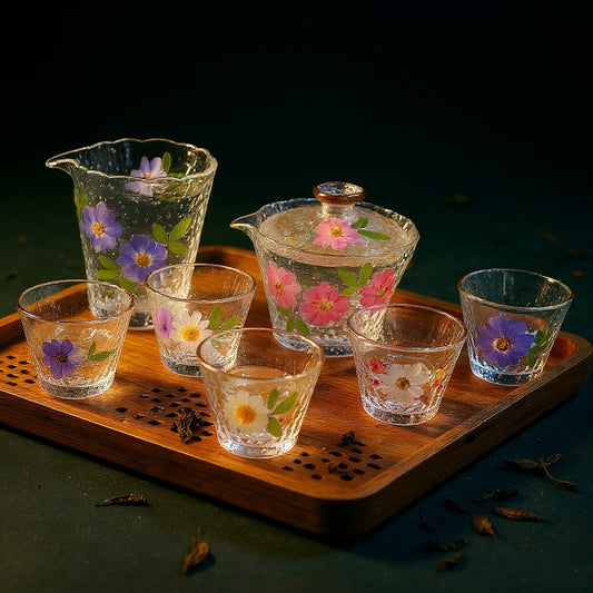 A complete set of eight glass gaiwans with hammered textures and real pressed flowers, arranged on a wooden tray with tea leaves and petals against a bold sage green gradient background.