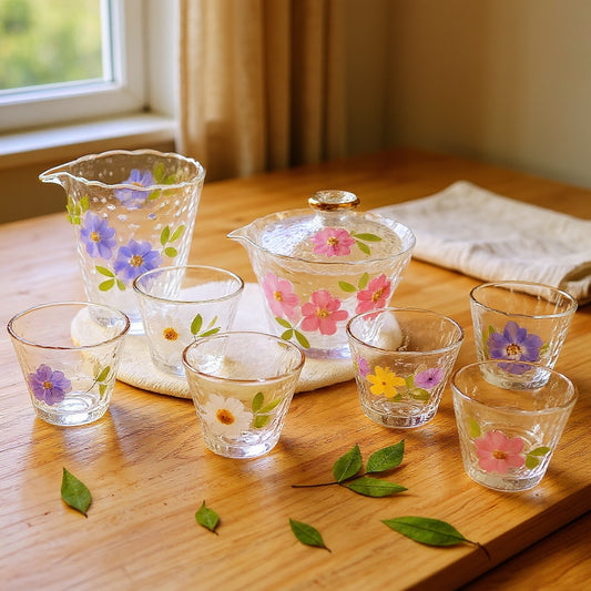 Complete 8-piece borosilicate glass gaiwan set with pressed flowers and gold rims on wood surface, soft lighting, negative space