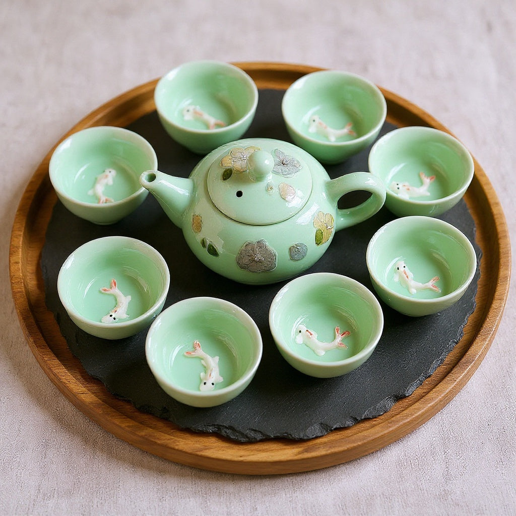 Jade-green celadon tea set with embedded winter jasmine petals and koi fish cups on a natural tray in soft light.