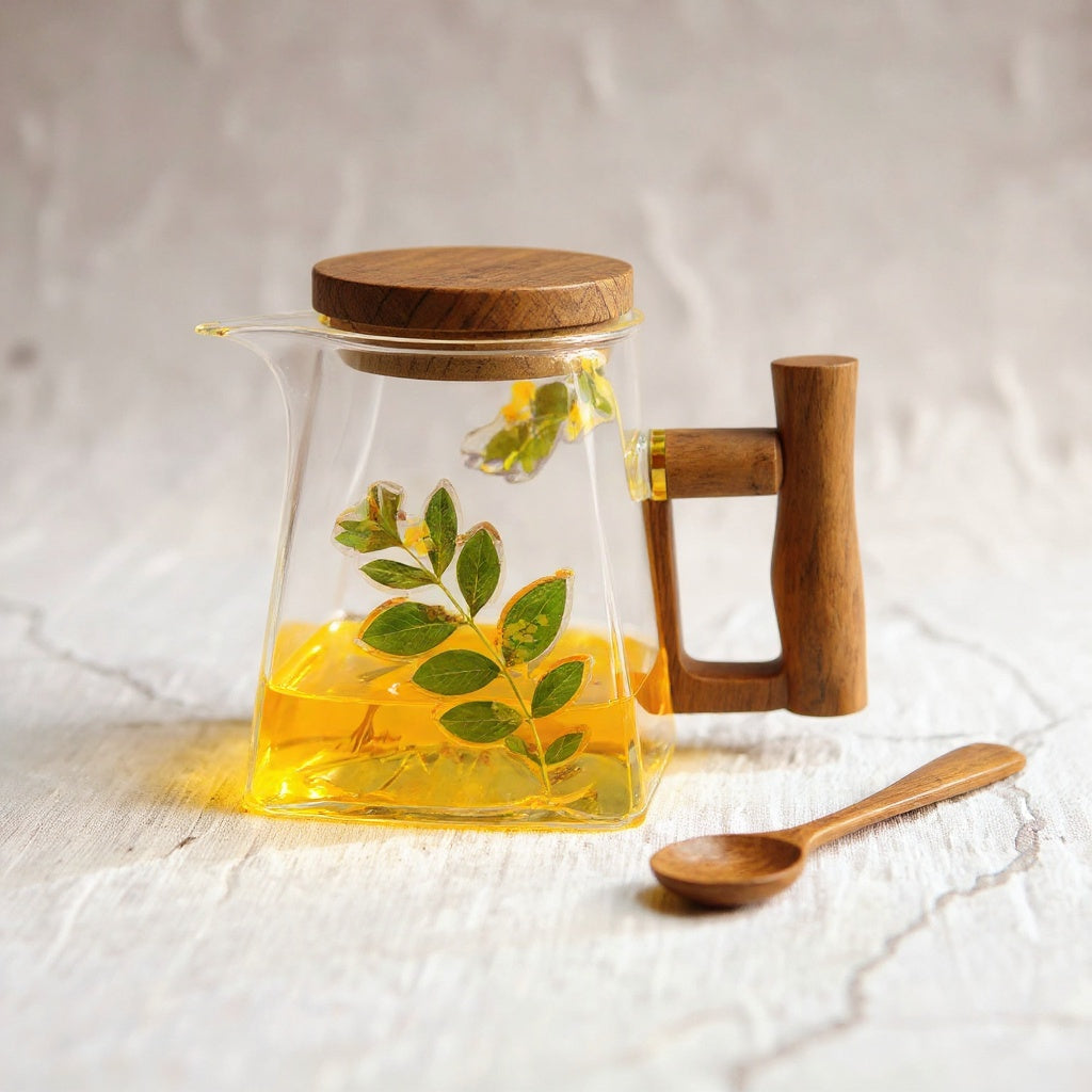 Handcrafted floral resin mug with wooden handle and bamboo lid, on a soft natural background.