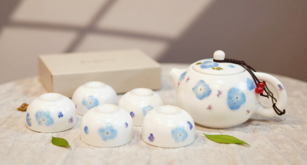 Handmade Porcelain Tea Set Real Pressed Blue Hydrangeas on pale wood tray with gift box.