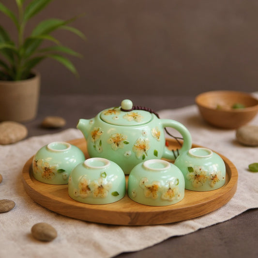 Jade-green celadon porcelain teapot and four cups on a natural wood tea tray, styled with river stones and linen in soft natural light, minimalist Zen aesthetic.