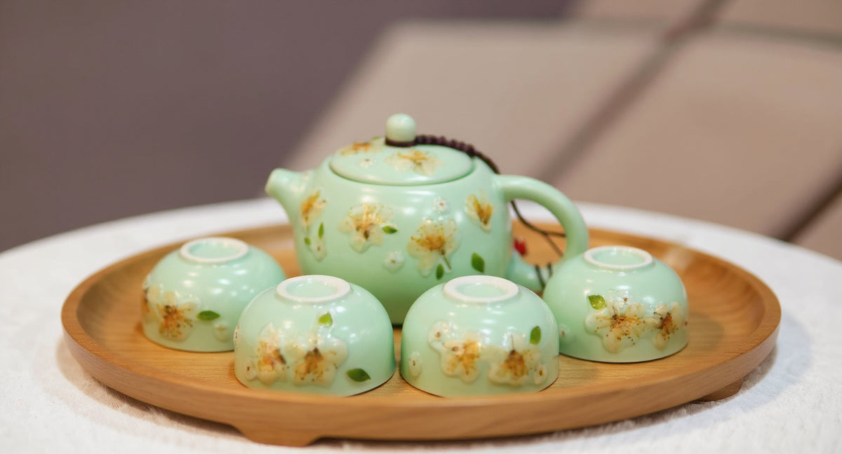 Handmade Celadon Tea Set with Real Pressed Jasmine on Wood Tray