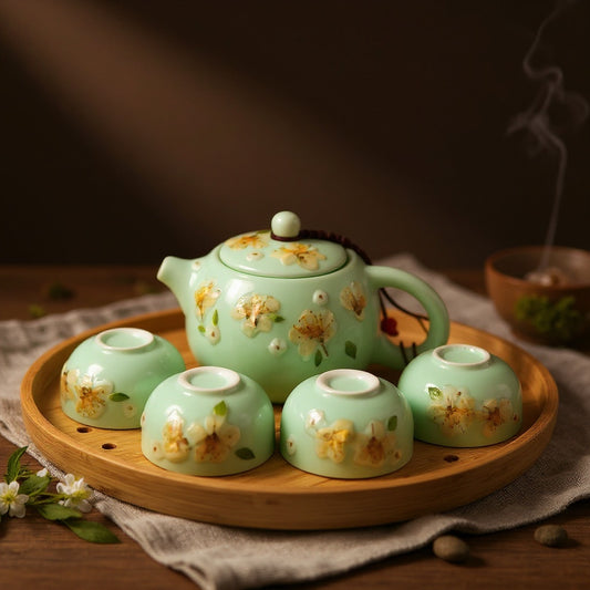 Jade-green celadon teapot and cups with embedded winter jasmine petals on a bamboo tea tray with loose tea, jasmine sprigs, incense smoke, and natural accents against a warm amber backdrop.