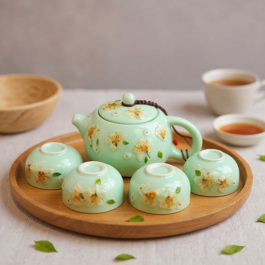 Jade-green celadon tea set with real embedded yellow jasmine petals on a natural wood tray, minimalist Zen aesthetic, soft natural lighting.