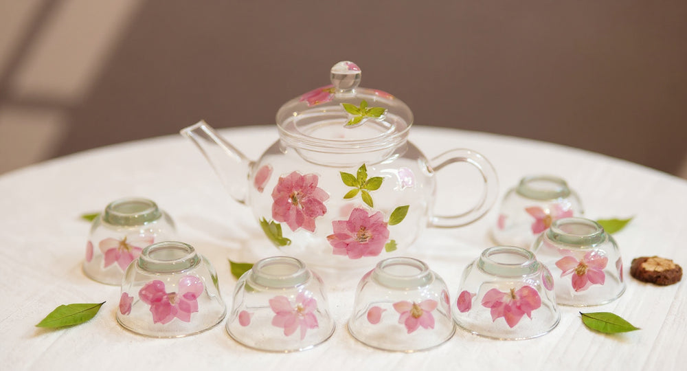 Handmade Pressed Flower Glass Tea Set teapot and six cups with brass tray and botanical sprigs