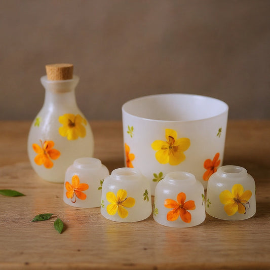 Hero image of a frosted glass sake set with real yellow pressed flowers on a minimalist wooden surface, soft natural lighting.