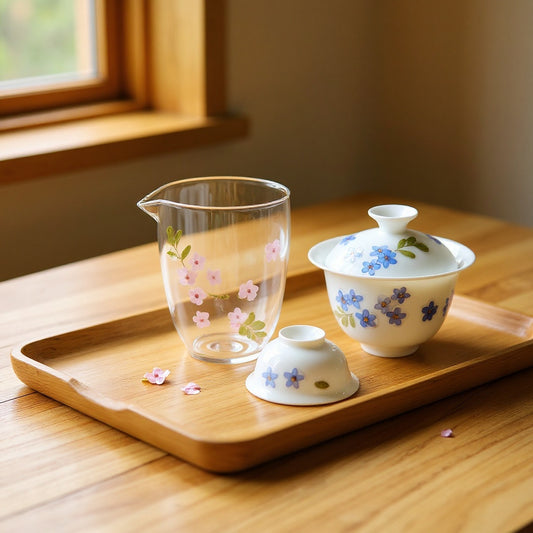 A translucent white bone china pitcher with embedded cherry blossom petals on a wooden tea tray in soft natural light.